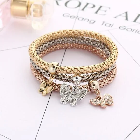 Gold 3 Piece Butterfly Charm Bracelet - Picture 2 of 4